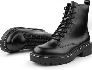 Women Fashion Ankle Booties Causal 8-Eye Side Zipper Lace-up Combat Boots