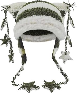 Y2k Beanie Knitted Hat Cute Cat Beanie Warm Loose Crochet Hat Women