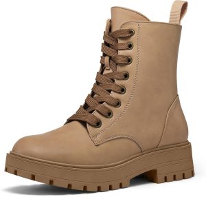 Women Combat Boots Lace-Up Platform Ankle Booties Chunky Low Heel Side Zipper Shoes