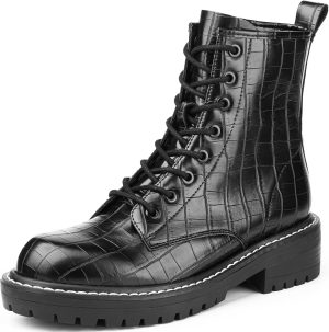 Women Fashion Ankle Booties Causal 8-Eye Side Zipper Lace-up Combat Boots