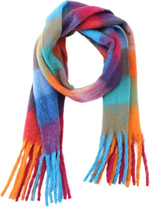 Winter Warm Super Soft Rainbow Long Shawl,Women's Faux Cashmere Knitted Thick Blanket Scarf,Tassels Scarf