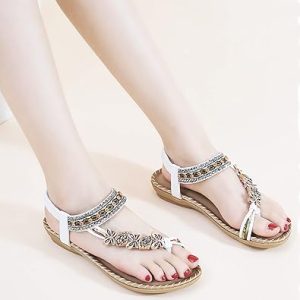 Women Sandals Flats Shoes: Comfortable Bohemian Beaded Dressy Summer Flat Casual Ankle Strap Elastic Slip on Beach Sandal