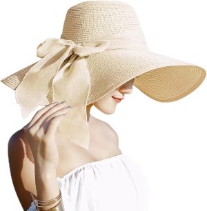 Women 5.5 Inches Big Bowknot Straw Hat Large Floppy Foldable Roll up Beach Cap Sun Hat UPF 50+