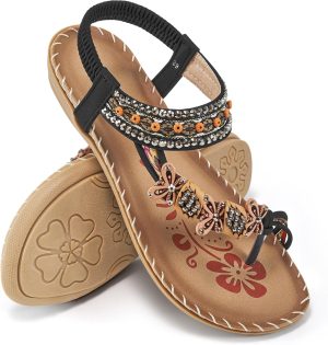 Women Sandals Flats Shoes: Comfortable Bohemian Beaded Dressy Summer Flat Casual Ankle Strap Elastic Slip on Beach Sandal