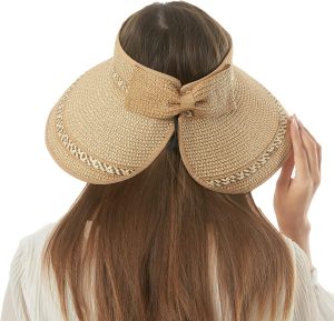 Women Sun Visors Foldable Straw Hats Summer Beach Packable Hat Floppy Wide Brim Cap Deep Style, Adjustable Size